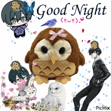 a picture of a stuffed owl with the words good night written on it