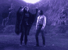 two men are standing next to each other in a field in front of a purple mountain .