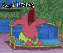 a cartoon of patrick star with his mouth wide open and the words sweet dreams above him