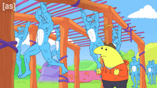 a cartoon shows a man standing in front of a group of blue men hanging from a rope