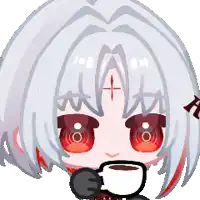 a girl with a cross on her forehead is drinking from a cup of coffee