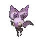 a pixel art drawing of a purple bat with long wings flying on a white background .