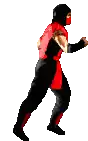 a pixel art of a man in a red and black ninja outfit walking .
