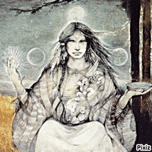 a painting of a woman holding a bowl with pixiz written in the corner