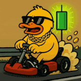 a cartoon of a duck wearing sunglasses and chains driving a go kart