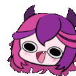 a pink and purple cartoon character with horns and a tongue sticking out .