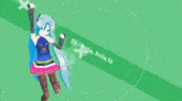a girl with long hair is dancing in front of a green background with the words to i hola hola la written on it