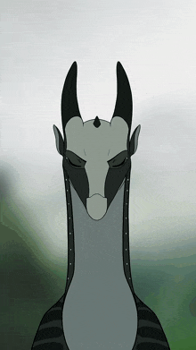 a drawing of a gray and black animal with horns and ears