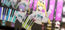 a couple of anime girls standing in front of a piano keyboard