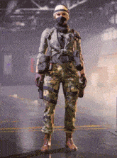 a woman in a camouflage uniform is holding a gun and wearing a mask