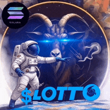 a picture of an astronaut pointing at a goat with the word lotto in blue