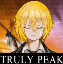 a man with yellow hair is crying with a windmill in the background and the words `` truly peak '' on the bottom .