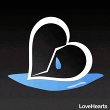 a white heart with a tear coming out of it is on a black background with the words lovehearts below it