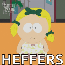 a cartoon of a girl with a green bow in her hair and the word heffers below her