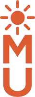 an orange m and u with a sun behind it