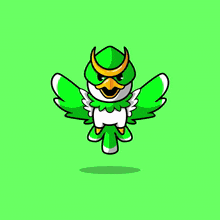 a cartoon drawing of a green and red bird with a green tail