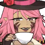 a woman with pink hair and a hat is holding a cup of tea .
