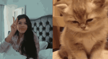 a woman is sitting on a bed next to a cat that is sitting on a bed .