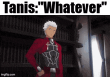a man in a red suit is standing in front of a bookshelf and says " whatever " .