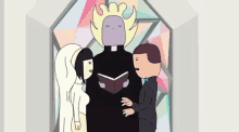 a cartoon of a bride and groom with a priest in the background