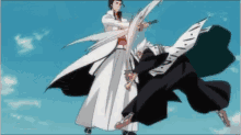 a man in a white coat is holding a sword while another man in a black coat is holding a sword