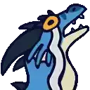 a pixel art drawing of a blue and yellow dragon with its mouth open and a yellow eye .