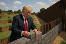 a man in a suit and tie is building a brick wall in minecraft