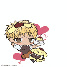 a cartoon of a boy holding a stuffed animal and a plate with a cake on it