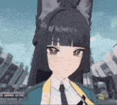 a girl with long black hair and a cat ear is wearing a suit and tie and standing in front of a building .