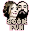 a man and a woman are standing next to each other with the words `` book fun '' written above them .