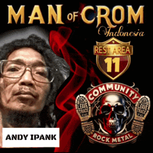 a man wearing glasses is featured on a poster for man of crom indonesia