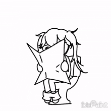 a black and white drawing of a girl holding a star in her hands