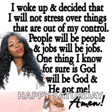 a happy saturday greeting with a woman on it
