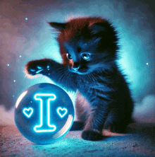 a kitten is playing with a glowing ball with the letter i on it