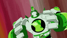 a cartoon character from ben 10 is standing in front of a pink background and looking at the camera .