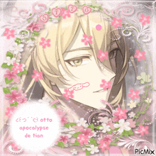 a picture of a boy surrounded by pink flowers with the words otto apocalypse de tian on the bottom