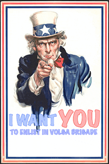 a poster of uncle sam pointing with the words i want you to enlist in volga brigade below him