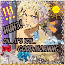 a picture of a man with a flower crown on his head that says " good morning "