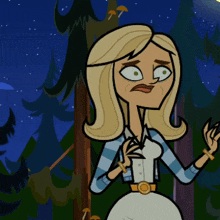 a cartoon of a woman standing in a forest at night
