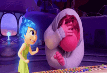 a cartoon character with blue hair is standing next to a cartoon character with red hair