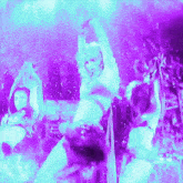 a group of women are dancing in front of a purple background