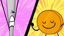 a cartoon drawing of a sword and a penny with their mouths open and arms outstretched .