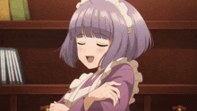 a girl with purple hair and a maid outfit