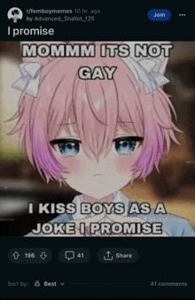 a picture of a girl with pink hair and blue eyes says i kiss boys as a joke i promise