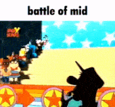 a cartoon character with a unicorn horn is standing in front of a group of fox kids characters .