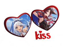two hearts with a picture of a girl and the word kiss below it