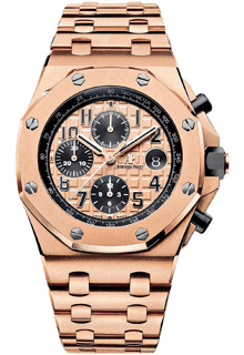 a rose gold audemars piguet watch with a black face and black hands
