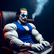 the joker is smoking a cigar while typing on his laptop