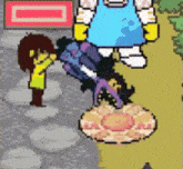 a pixel art drawing of a person standing next to a giant cartoon character .