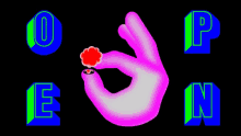 a pink hand holding a red flower with the letters o p e and n in the background